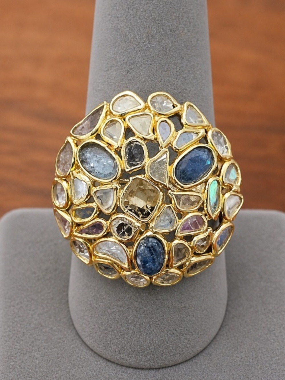 Artisan Diamond & Sapphire Slice Ring 18K Gold Over 925 | Polki Style 7.75 #600